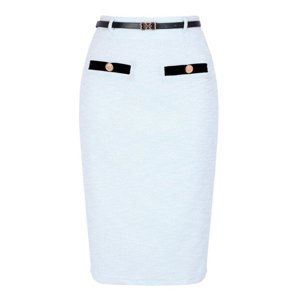 Women's Pencil Skirt Button Decor Bodycon Office Tweed Skirt w Belt Light Blue